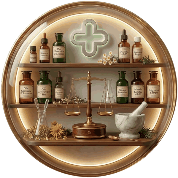 Scaffale della farmacia con preparazioni galeniche, bilancia e mortaio